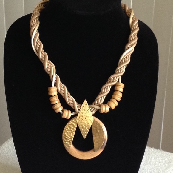 Macrame, Wood & Gold Plate Choker Necklace